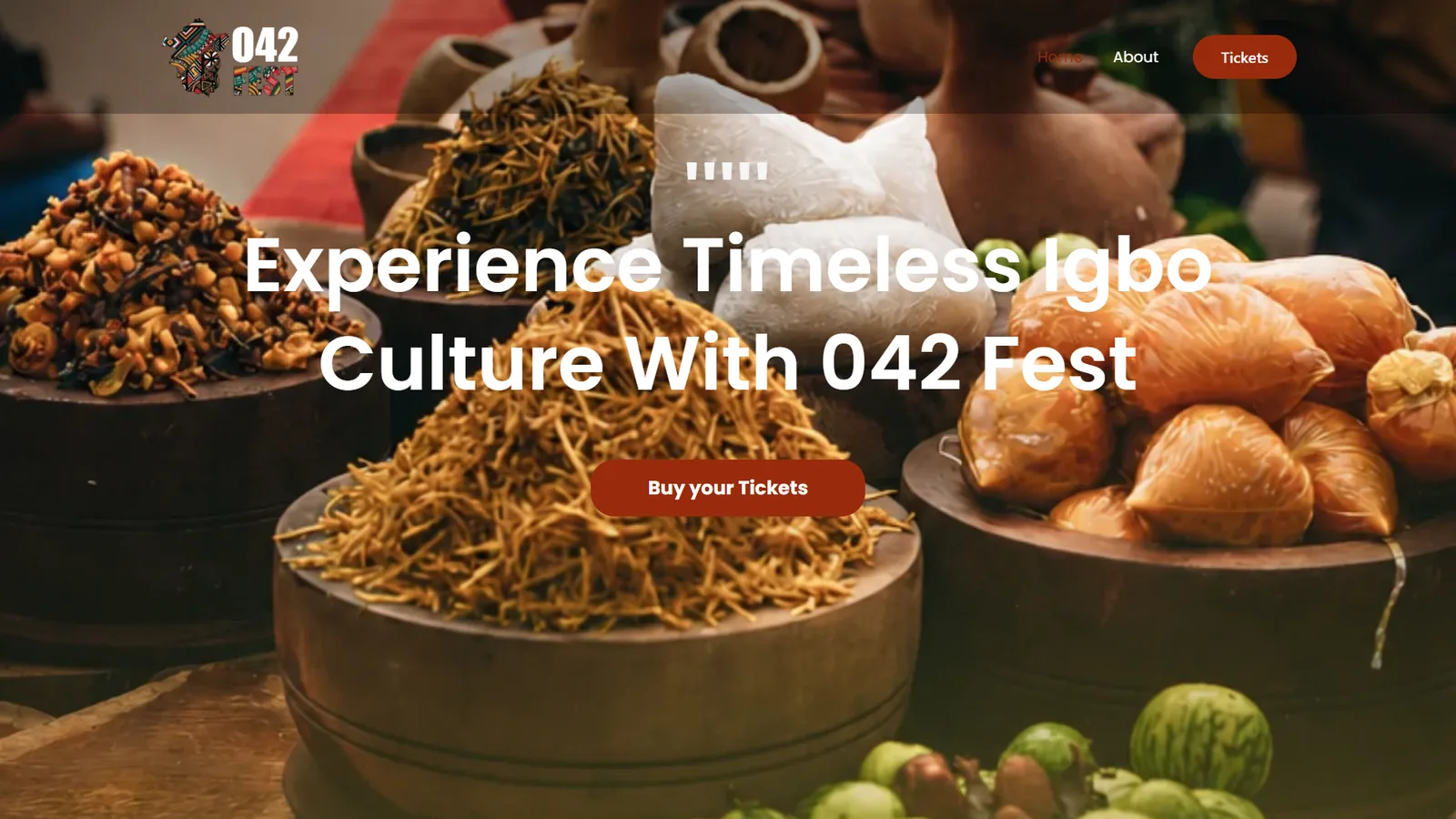 042 Festival homepage: ‘Experience Timeless Igbo Culture With 042 Fest’ over a photo of traditional food