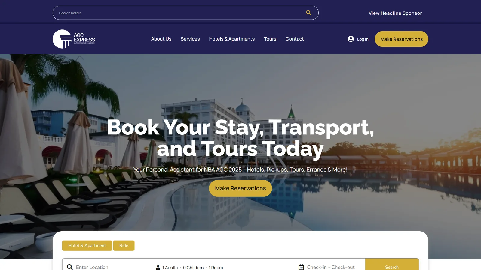 AGC Express homepage: ‘Book Your Stay, Transport, and Tours Today’ with a search bar for dates and guests