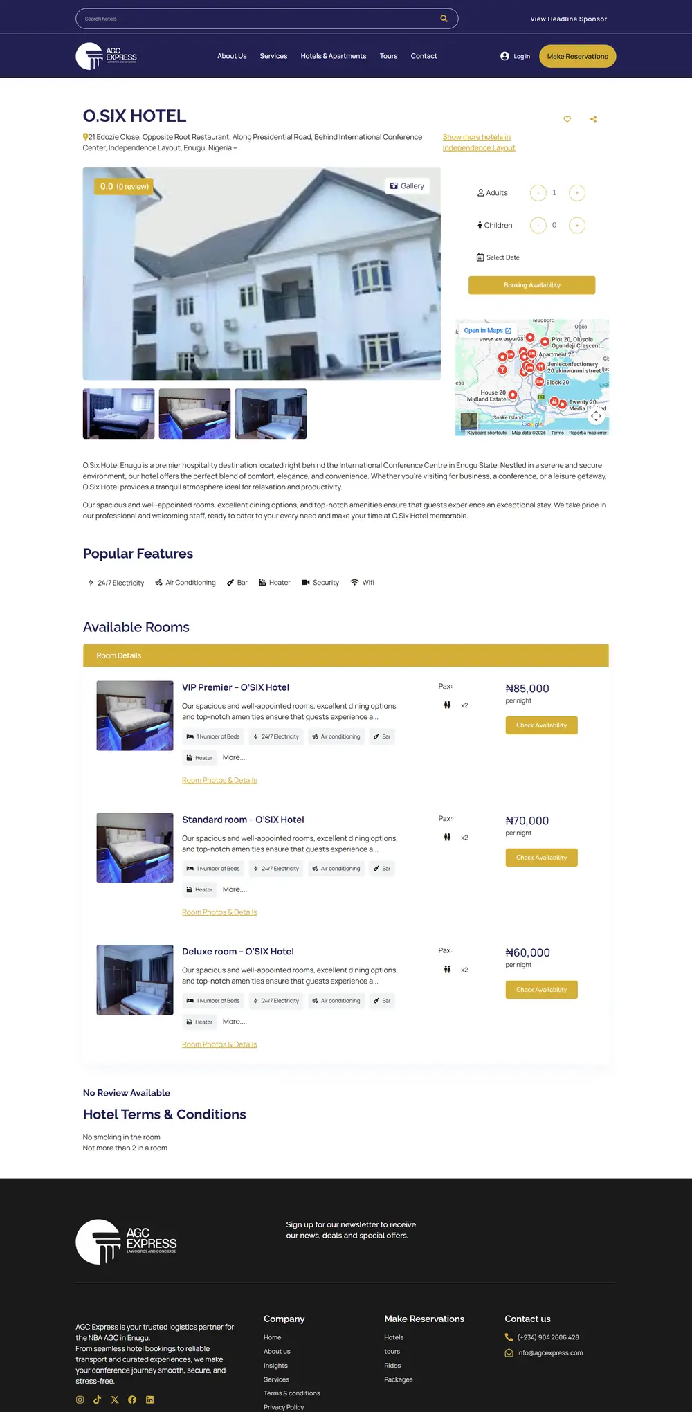 A single hotel page on AGC Express with gallery, amenities, rooms and booking options