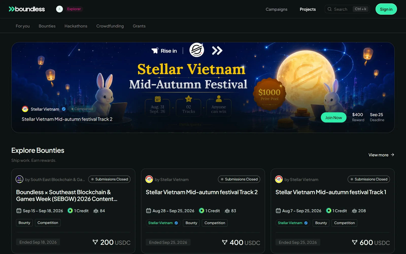 Boundless discover page with a featured bounty banner and a row of bounty cards