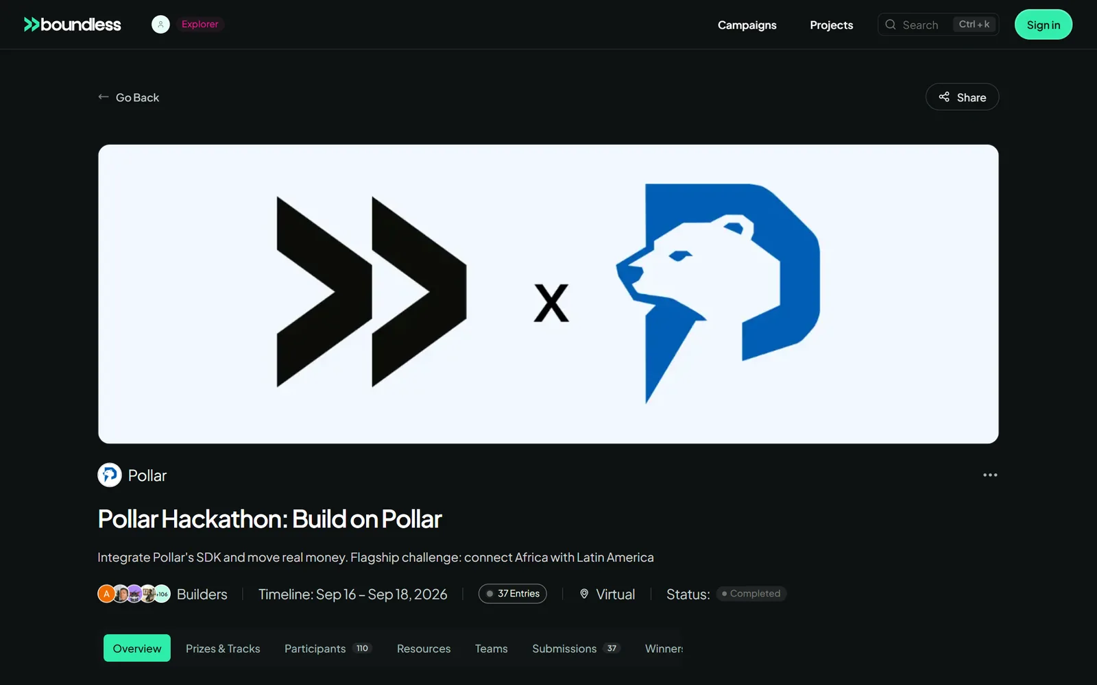 Boundless hackathon detail page with organiser row, timeline, entries count, status and tabs