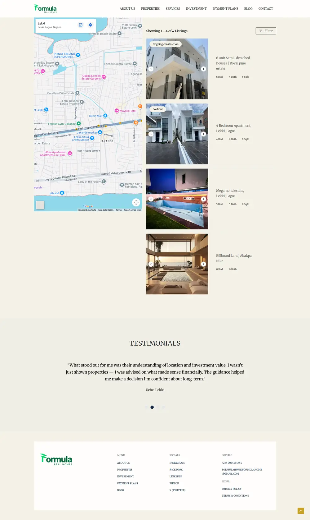 Formula Homes properties page with location, type, bedroom and price filters beside a grid of listings